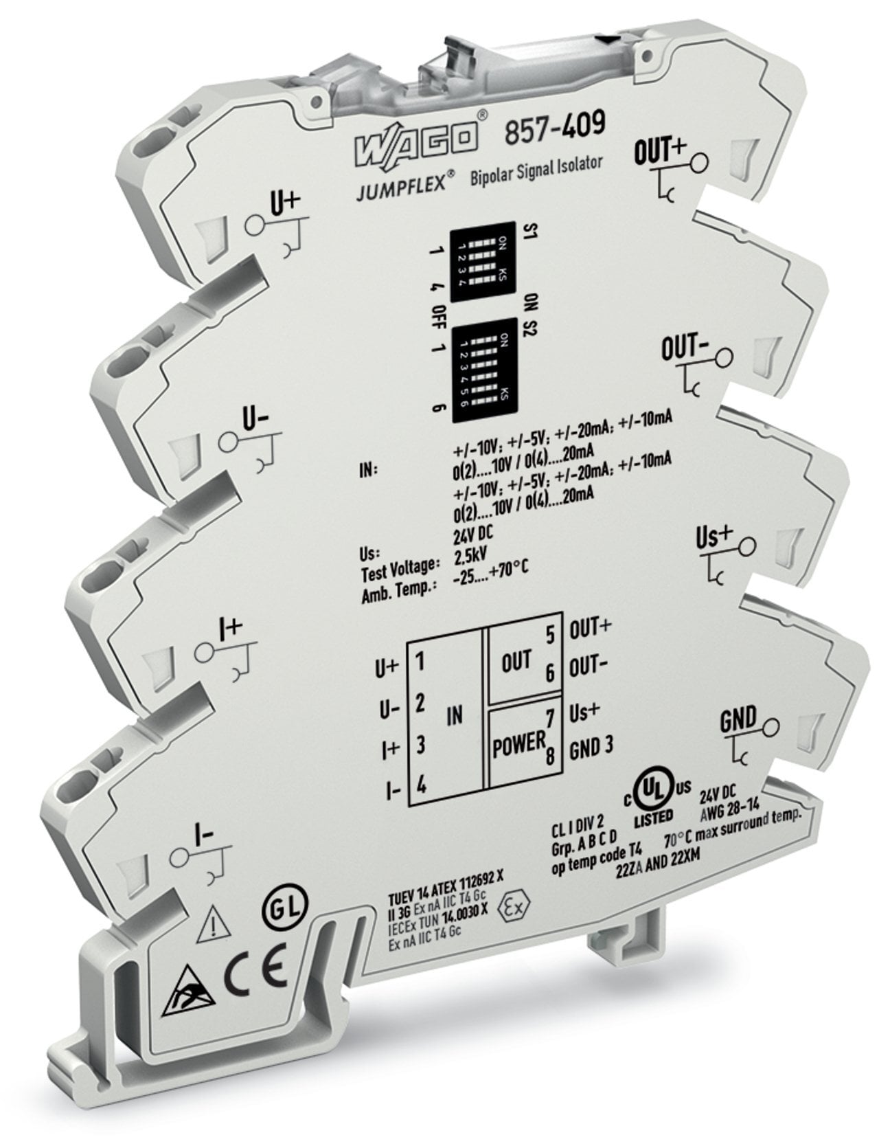 Isolation amplifier; Bipolar current and voltage input signal; Bipolar current and voltage output signal; Zero/span adjustment; Configuration via DIP switch; Supply voltage: 24 VDC; 6 mm module width; 2,50 mm