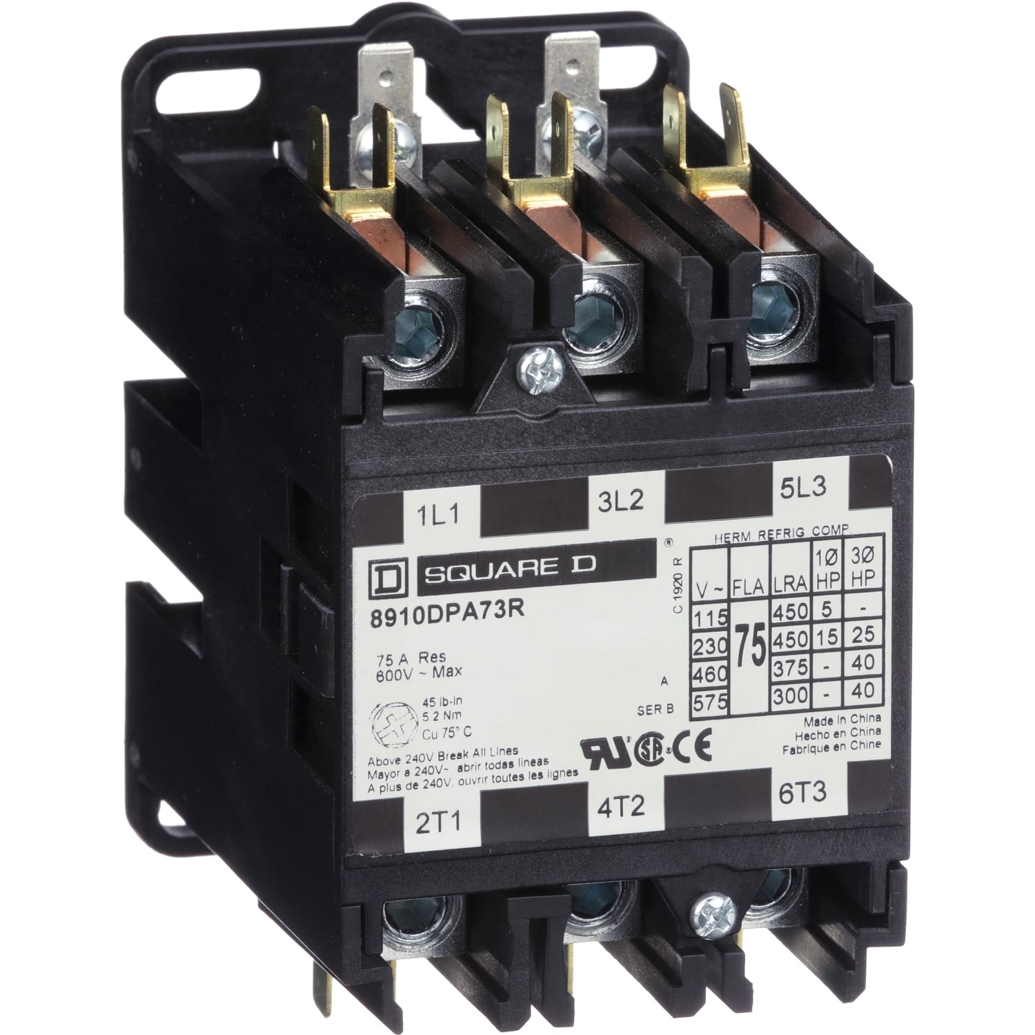 Contactor, Definite Purpose, 75A, 3 pole, 40 HP at 575 VAC, 3 phase, 24/24 VAC 50/60 Hz coil, open
