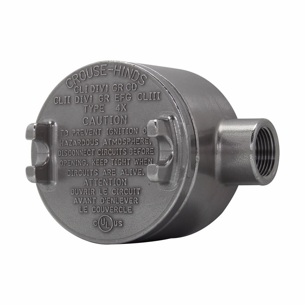 Eaton Crouse-Hinds series Condulet GUA conduit outlet box with cover, 3" cover opening diameter, Stainless steel, C shape, 3/4"