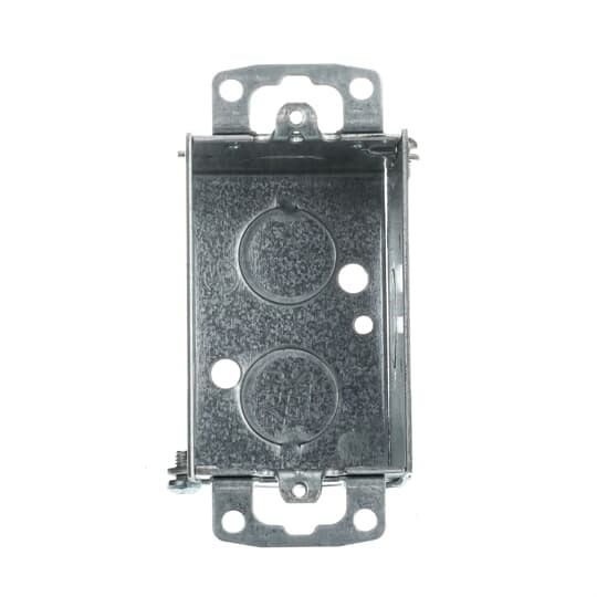 Gangable Switch Box, 12.5 Cubic Inches, 3 Inches Long x 2 Inches Wide x 2-1/2 Inches Deep, 1/2 Inch Knockouts, Pre-Galvanized Steel, Beveled Corners and Ears Flush, For use with Conduit