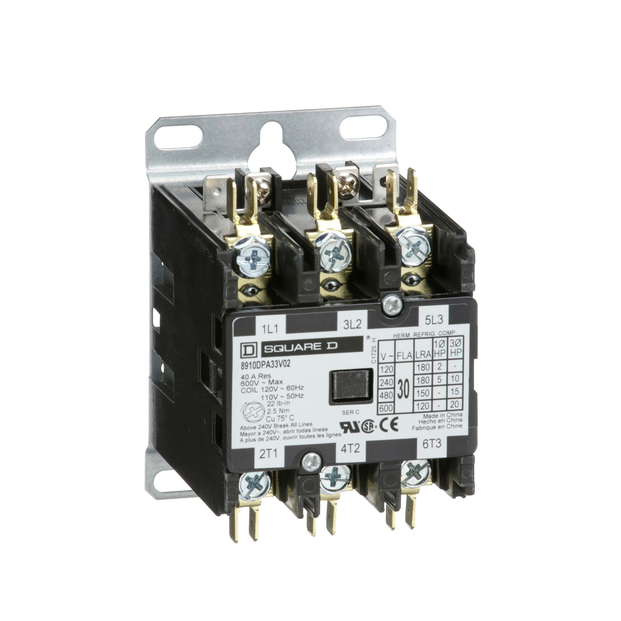 Contactor, Definite Purpose,  25A, 3 pole, 20 HP at 575 VAC, 3 phase, 277 VAC 60 Hz coil, open