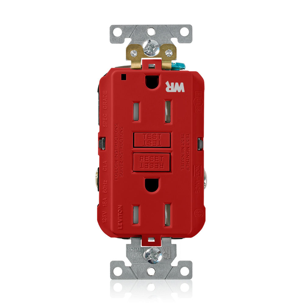 15 Amp, 125 Volt, SmartlockPro Self-Test GFCI Duplex Receptacle , NEMA 5-15R, 2P, 3W, Extra-Heavy Duty Industrial Grade, Weather & Tamper-Resistant, 20A Feed-Through, Back or Side Wired - RED
