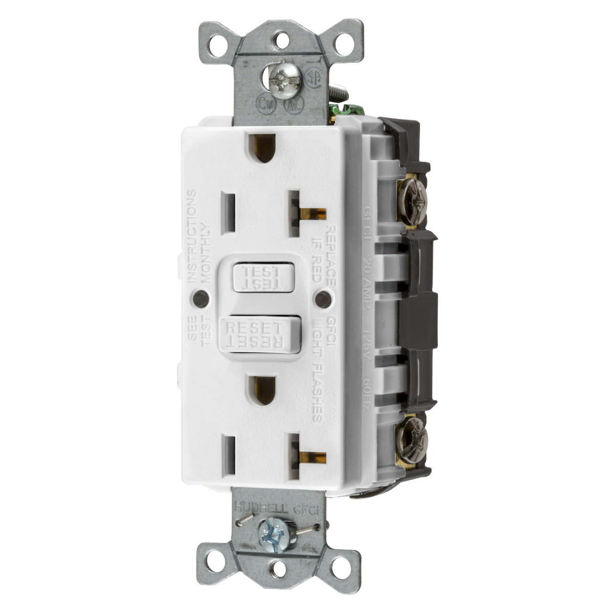 Hubbell Wiring Device Kellems, Straight Blade Devices, Receptacle, GFCI,Commercial Grade, Self Test, 20A 125V, 2-Pole 3-Wire Grounding, 5-20R,White, Bulk Packed