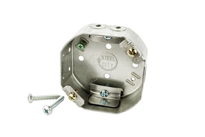 Octagon Ceiling Fan Box, 15.8 Cubic Inches, 4 Inch Diameter x 1-1/2 Inches Deep, 1/2 Inch Knockouts, Pre-Galvanized Steel, Drawn Construction, with Non-Metallic Cable Clamps (C-5), For use with Non-Metallic Sheathed Cable