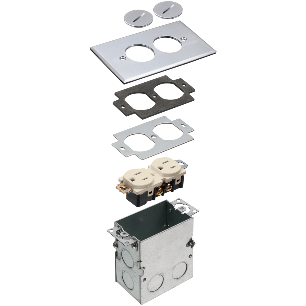 Floor box kit with steel box and metallic cover with threaded plugs. Single Gang. Nickel.