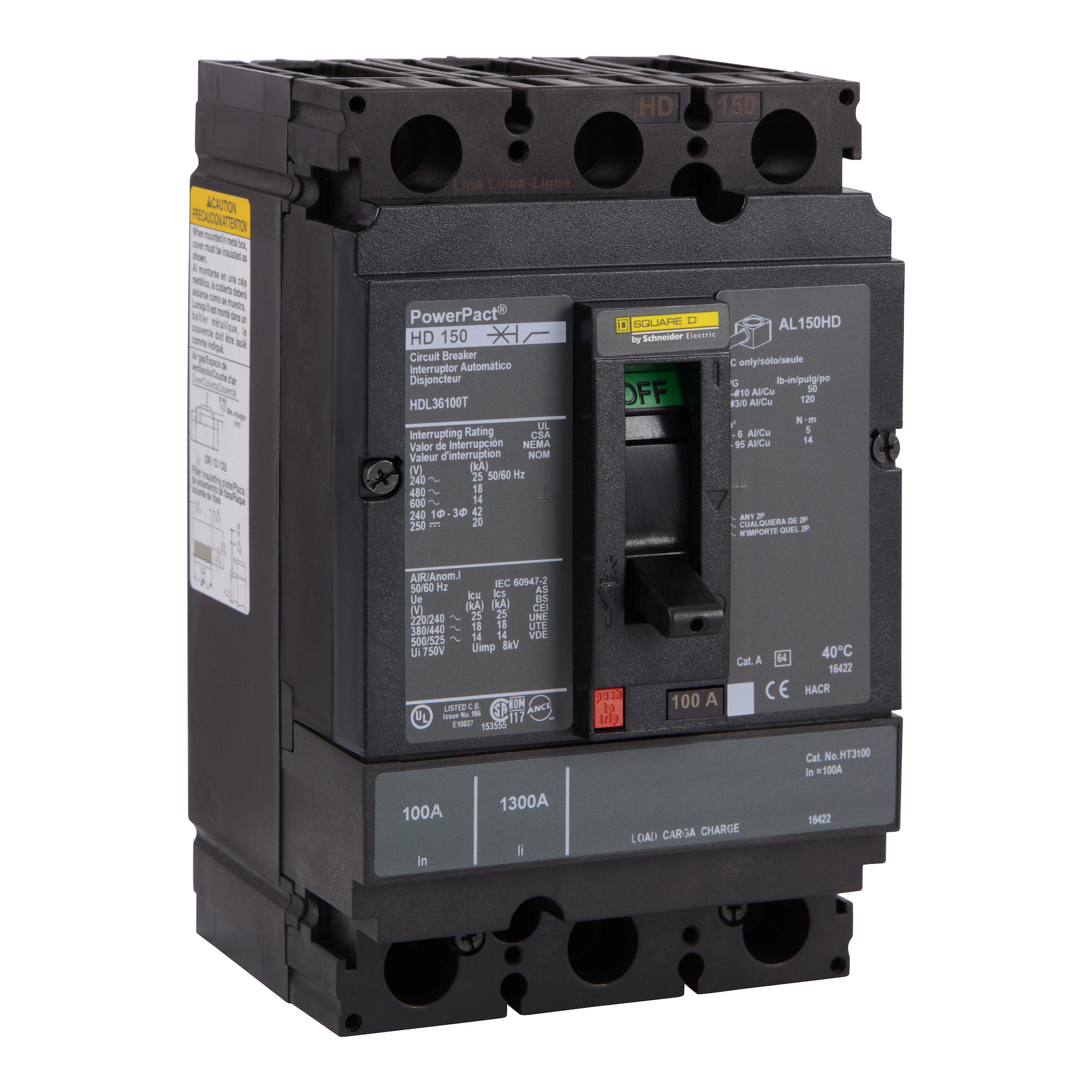 Circuit breaker, PowerPact H, 100A, 3 pole, 600VAC, 14kA, lugs, thermal magnetic, 80%, interchangeable trip unit