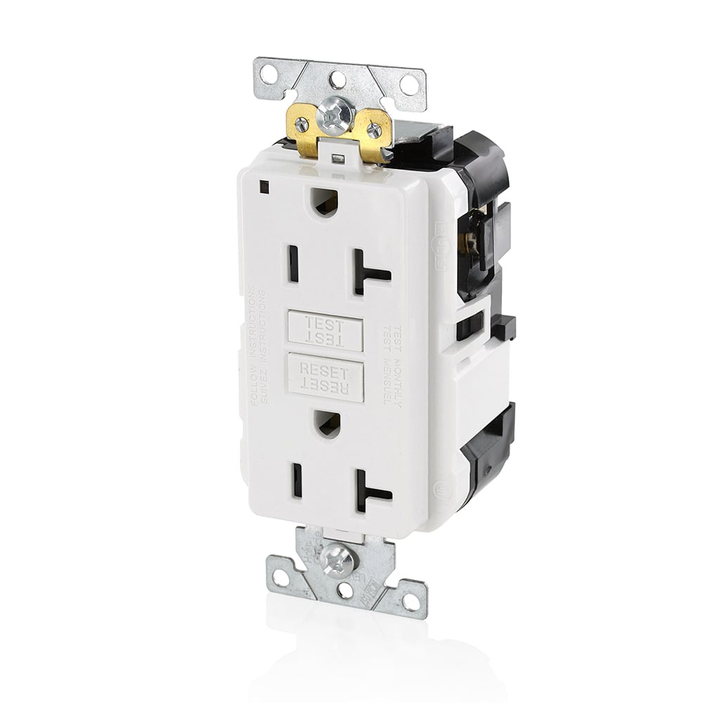 20 Amp, 125 Volt, SmartlockPro Slim Lev-Lok GFCI Self-Test Receptacle, Extra-Heavy Duty Industrial Grade, 20A Feed-Through,NEMA 5-20R, 2P, 3W, Modular Terminals  WHITE