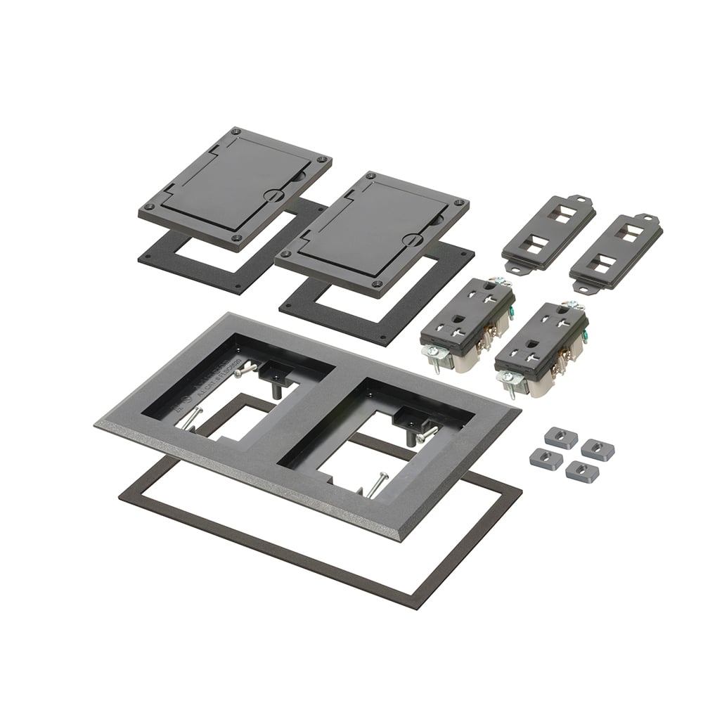 Black non-metallic two gang frame kit with (2) flip lid covers. Includes (2) 20A decorator style receptacles, (2) gaskets, low voltage insert and installation screws. Flip lid cover can be opened in any direction.