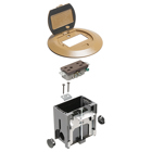 Non Metallic adjustable floor box. Caramel with flip lids. Includes tamper resistant duplex receptacle, cover plate with gasket and Arlington NM94 connector and Arlington NM900 knockout plug.