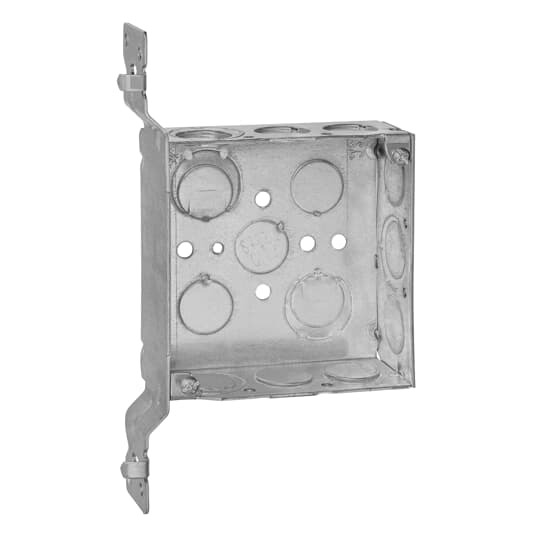 Square Box, 21 Cubic Inches, 4 Inch Square x 1-1/2 Inch Deep, 1/2 Inch and 3/4 Inch Eccentric Knockouts, Pre-Galvanized Steel, SV Bracket Mounted Flush, For use with Conduit