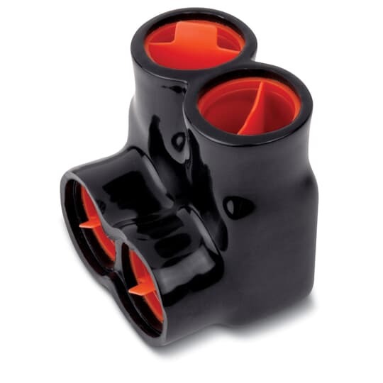 AMT 2 Port Same Side PVC Connector, Ultraviolet Resistant, Wire Range 500 kcmil-6 Str, Length 2.71 Inches, Width 2.38 Inches, Height 2.75 Inches, Hex Size 3/8 Inch, Black Insulation