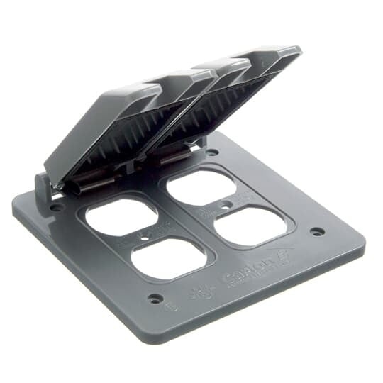 Two Gang Vertical Mount Duplex Receptacle Box Cover, Length 4.84 Inches, Width 4.84 Inches, Thickness 0.85 Inches, Material Polycarbonate, Color Gray