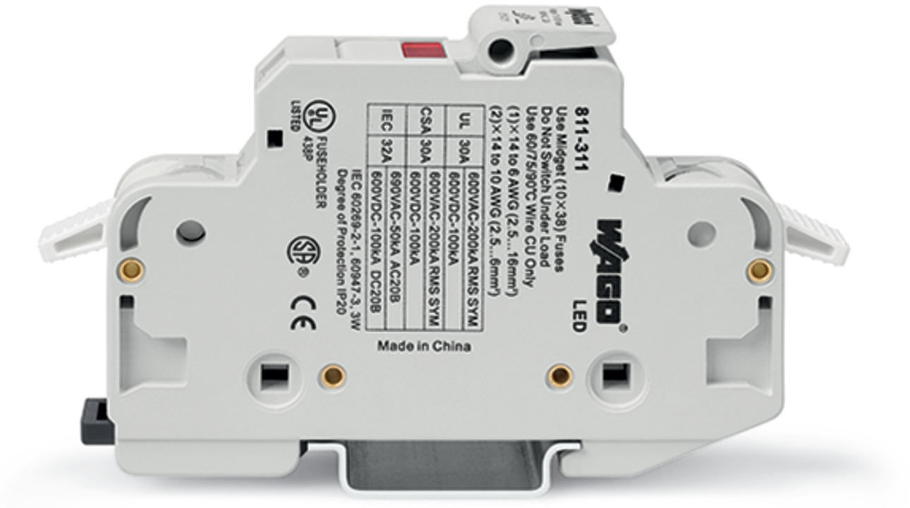 2-conductor fuse holder; for cylindrical fuses 10 x 38 mm; 13/32" x 11/2"; 1-pole; with blown fuse indication; 600 VAC/VDC; for DIN-rail 35 x 15 and 35 x 7.5; 16 mm; CAGE CLAMP; 16,00 mm; light gray