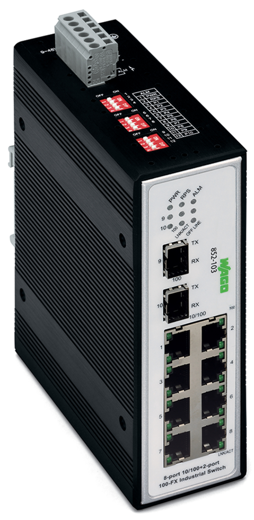 Industrial-Switch; 8-port 100Base-TX; 2 Slots 100Base-FX; black