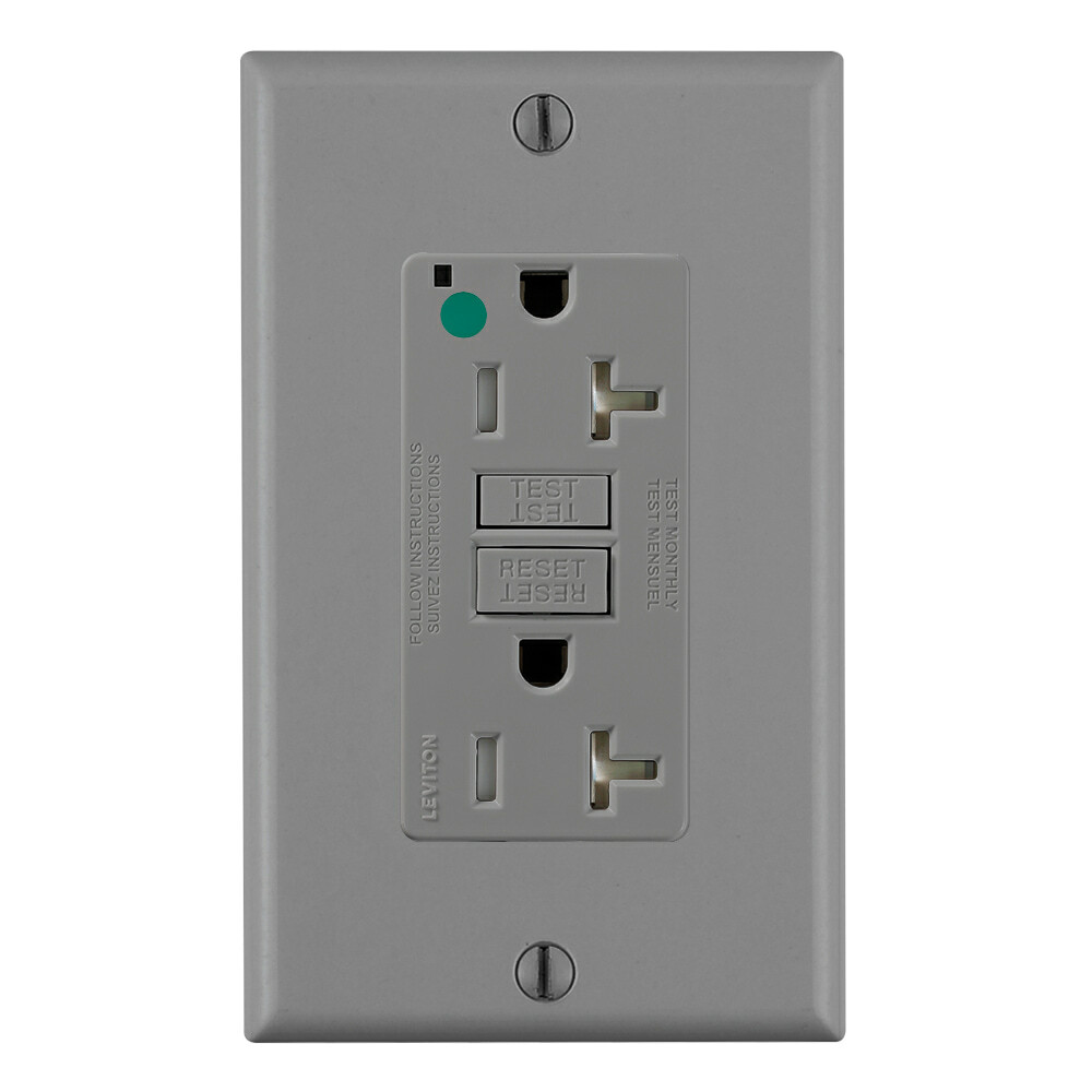 20 Amp, 125 Volt, SmartlockPro Slim Self-Test GFCI Receptacle, NAFTA Compliant,  FED-SPEC, Hospital Grade, Tamper-Resistant, NEMA 5-20R, 20A Feed-Through, 2P, 3W, Matching Wallplate Included - Gray
