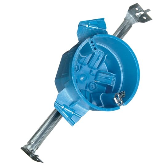 Round Ceiling Box, Volume 25 Cubic Inches, Diameter 4 Inches, Depth 2.95 Inches, Color Blue, Material Polycarbonate, Mounting Means Hanger Bar 11-1/2 Inches - 18-1/2 Inches, with Grounding Lug