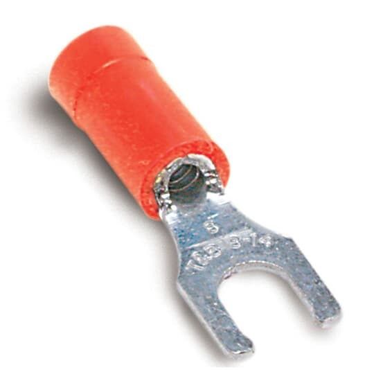 Vinyl-Insulated Locking Fork Terminal, Length .97 Inches, Width .29 Inches, Maximum Insulation .150, Bolt Hole #10, Wire Range #22-#16 AWG, Color Red, Copper, Tin Plated