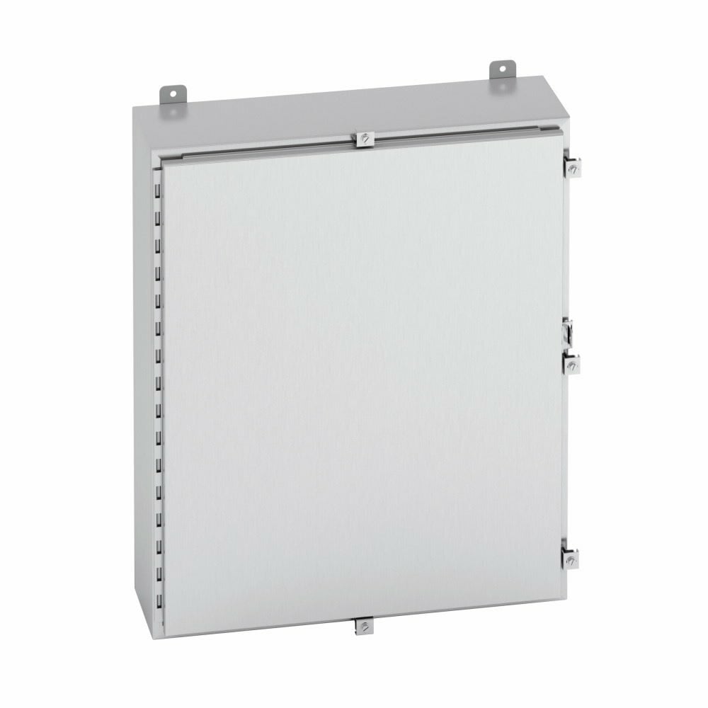 Eaton B-Line series wall mounted panel enclosure, 24" height, 6" length, 24" width, NEMA 4X, Hinged cover, 4XSS6 enclosure, Wall mount, Medium single door, External mounting feet, 316 stainless steel, Seamless poured in-place gasket