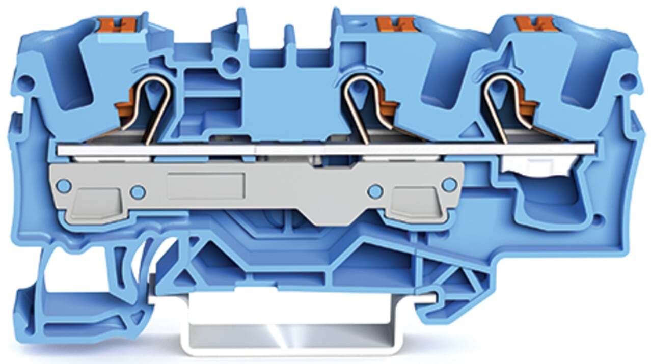 3-conductor through terminal block; with push-button; 6 mm; with test port; suitable for Ex i applications; side and center marking; for DIN-rail 35 x 15 and 35 x 7.5; Push-in CAGE CLAMP; 6,00 mm; blue