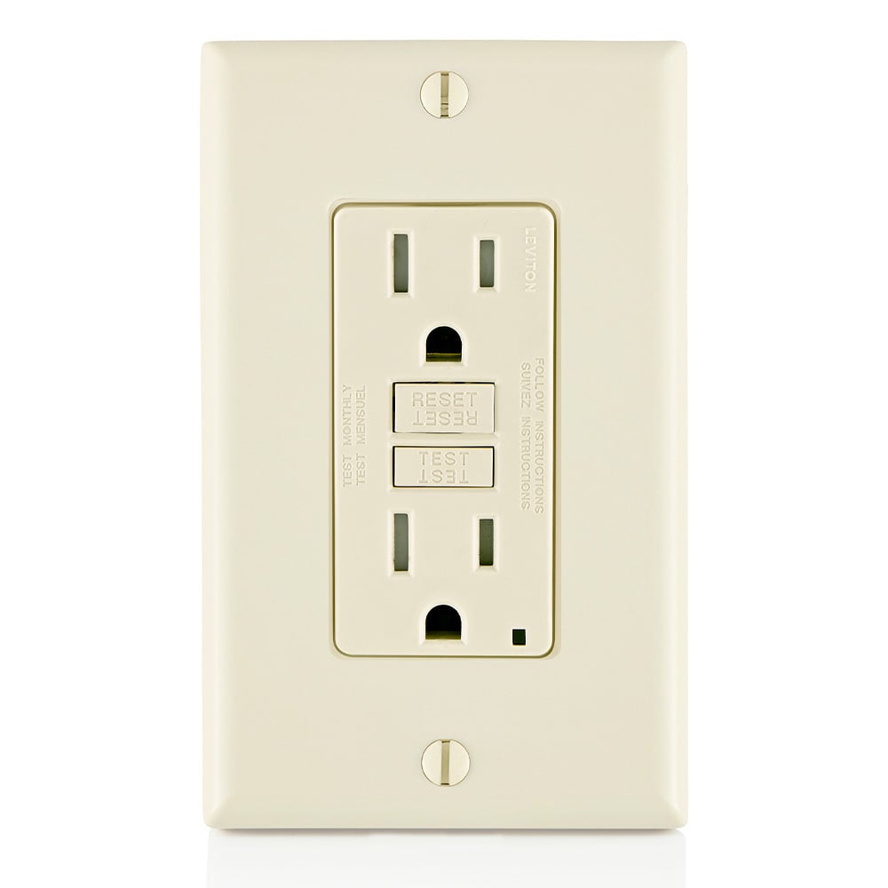 Self-Test Slim Tamper Resistant GFCI Receptacle. Nema 5-15R 15A-125V At Receptacle, 20A-125V Feed-through. Lighted - Light Alomd With Light Almond Test And Reset Button.