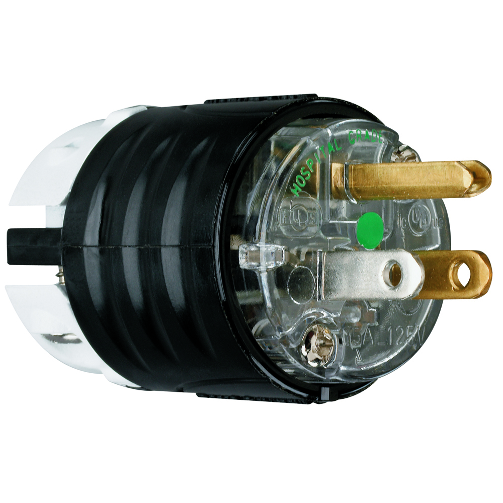 Straight Blade Hospital Grade Plug, double pole andthree wire, unit arrives completely ready-to-wire, cutting installation time significantly. Its nylon housing provides impact and chemical resistance. Its rugged two-piece cord grip provides more uniform cord retention andthe internal dust shield keeps terminals free of contaminants. 15amp 125volt.