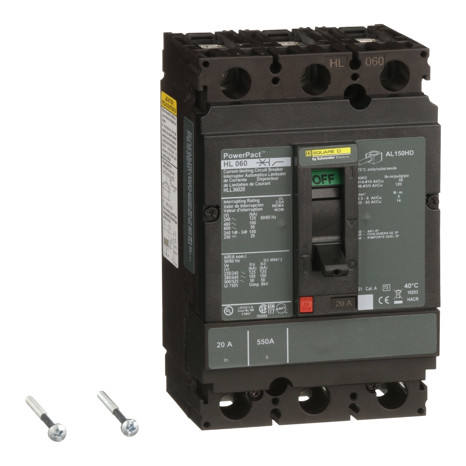 Circuit breaker, PowerPacT H, 20A, 3 pole, 600VAC, 50kA, lugs, thermal magnetic, 80%