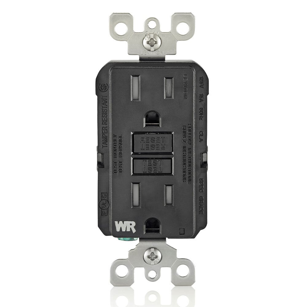 Self-Test Tamper Resistant, Weather Resistant GFCI Receptacle. Nema 5-15R, 15A-125V At Receptacle, 20A-125V Feed-through - Black With Black Test And Reset Buttons