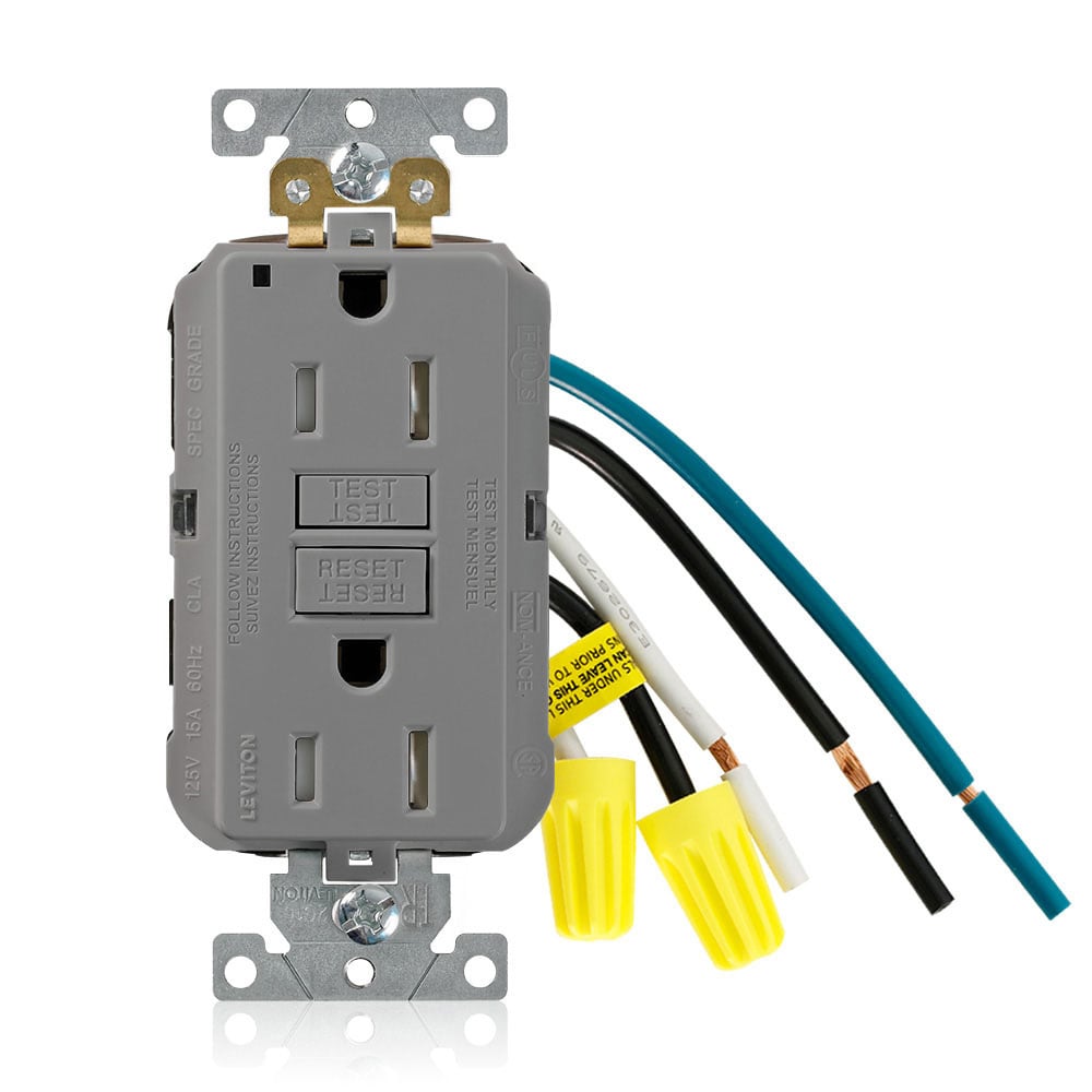 Self-Test, Leaded, Tamper Resistant, Fed-Spec Slim GFCI Receptacle, NEMA 5-15R 15A-125V @ Receptacle, 15A-125V Feed-through, Enclosed Terminals,  Lighted, Gray, W/Gray Test And Reset Button.