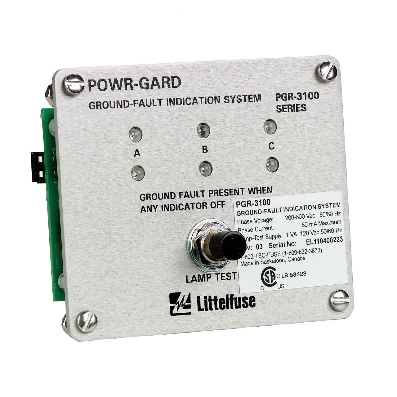 The PGR-3100 indicates the presence of voltage on each phase of a three-phase system. The LEDs on the panel illuminate when voltage is present. When a ground-fault occurs, the voltage on the faulted phase reduces to ground potential, causing the LEDs for the faulted phase to dim. On a resistance grounded or ungrounded system the LEDs for the unfaulted phases become brighter. Ungrounded ac systems are required by the National Electrical Code (NEC) Article 250.21(B) and the Canadian Electrical Code Part 1, Section 10-106 (2) to have ground detectors, such as the PGR-3100, installed on the system. External potential transformers (PTs) can be used to step down system voltage, allowing the PGR-3100 to be applied to any system voltage. PTs are not required for system voltages up to 600 Vac.