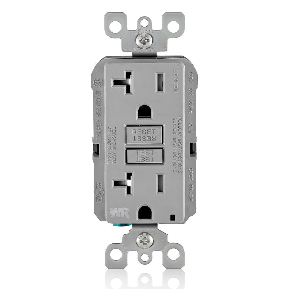 Self-Test Tamper Resistant, Weather Resistant GFCI Receptacle. Nema 5-20R 20A-125V At Receptacle, 20A-125V Feed-through - Gray With Gray Test And Reset Buttons