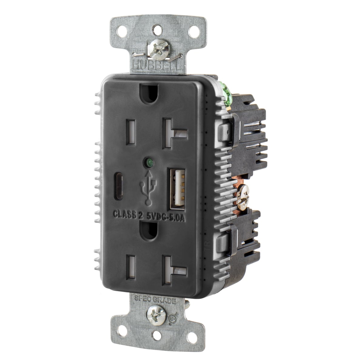 USB Charger Duplex Receptacle, 20A 125V,2-Pole 3-Wire Grounding, 5-20R, 1) 5A "C" USB and "A" Ports, Black