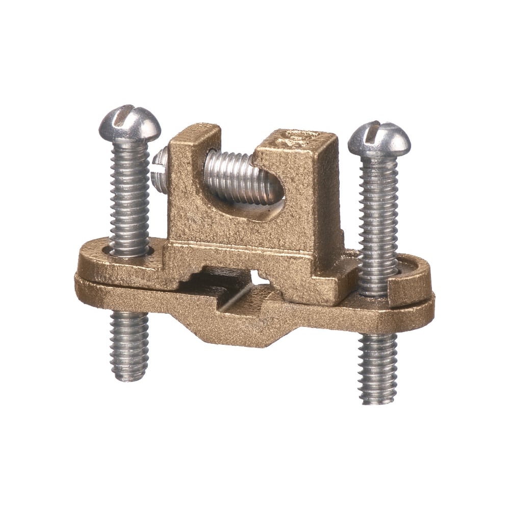 Solid Bronze with stainless steel screws, bare wire ground clamp with lay-in lug. pipe size - 3/8" to 1", Wire Size - #10 to #2. Approved for direct burial on rebar pipe, tubing and rod.