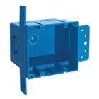 Two Gang Outlet Box, Volume 38 Cubic Inches, Length 3.844 Inches, Width 3.53 Inches, Depth 3.45 Inches, Number of Knockout 5, Knockout Size 1/2 Inch, 3/4 Inch, and 1 Inch, Color Blue, Material PVC