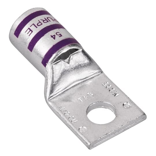Copper One-Hole Lug, Standard Barrel, Peep Hole, Max 35kV, Wire Size 4/0 AWG, 1/2 Inch Bolt Size, Tin Plated, Die Color Code Purple, Die Code 54
