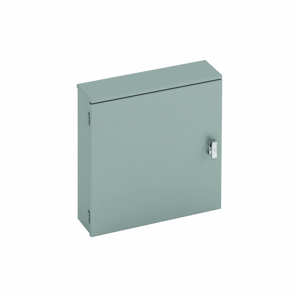 utility enclosures, 12" height, 8" length, 12" width, NEMA 3R, Hinged cover, RTC cabinet, Surface mounted, Small single door, 5 bottom knockouts, Embossed thru holes, Carbon steel