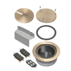 Kits come with two installed receptacles, ultra thin stamped steel flange, and flush-to-the-floor in-use and blank covers. Includes a low voltage keystone holder for up to 4 low voltage ports. Installs easily into our 5.5" round concrete box (FLBC5500). Cover is bronze plated.