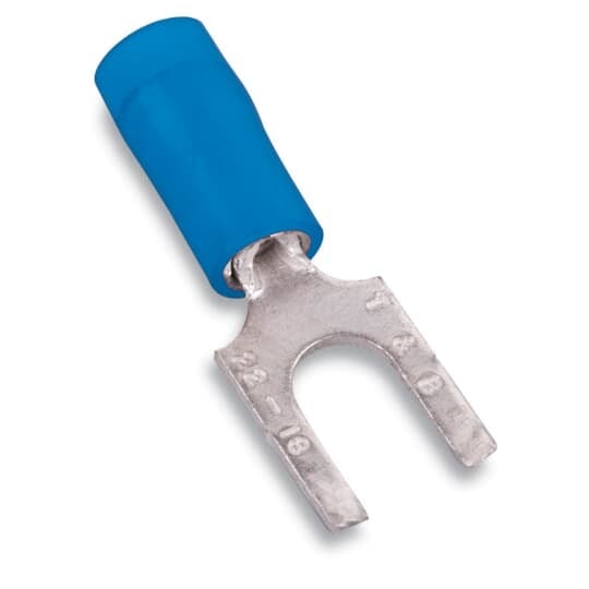 Nylon Insulated Fork Terminal with Flanged Tongue, Length .89 Inches, Width .31 Inches, Maximum Insulation .162, Bolt Hole #8, Wire Range #18-#14 AWG, Color Blue, Copper, Tin Plated, 1,000 Pack