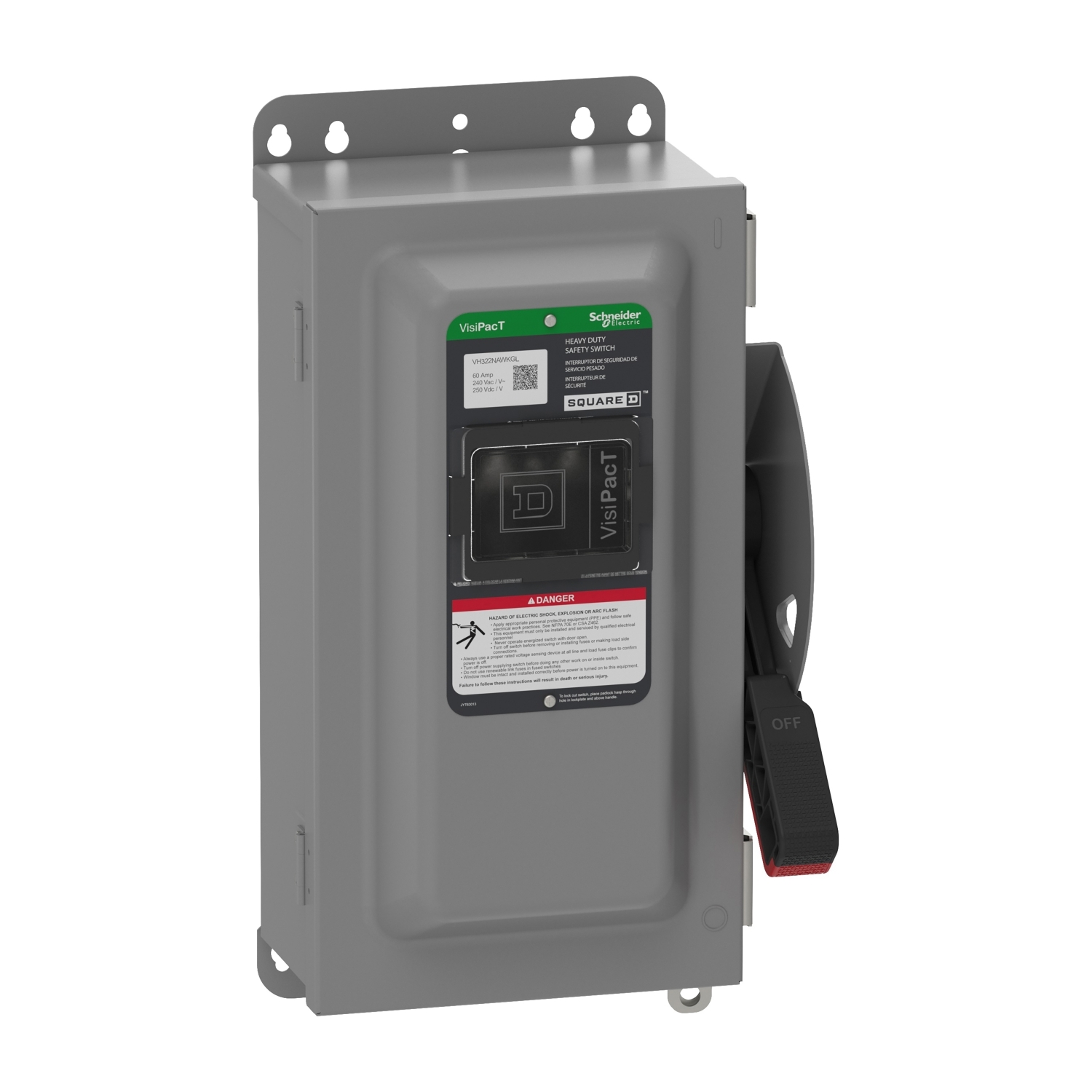 Safety switch, VisiPacT, heavy duty, fused, viewing window, NEMA 12, 240V, 60A, 3 pole, neutral installed, ground lugs