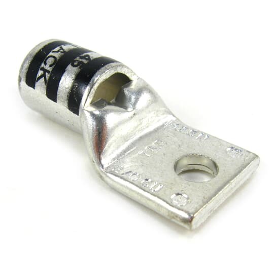 Copper One-Hole Lug, Standard Barrel - Top Stacking, Peep Hole, Max 35kV, Wire Size 2/0 AWG, 3/8 Inch Bolt Size, Tin Plated, Die Code 45, Die Color Code Black