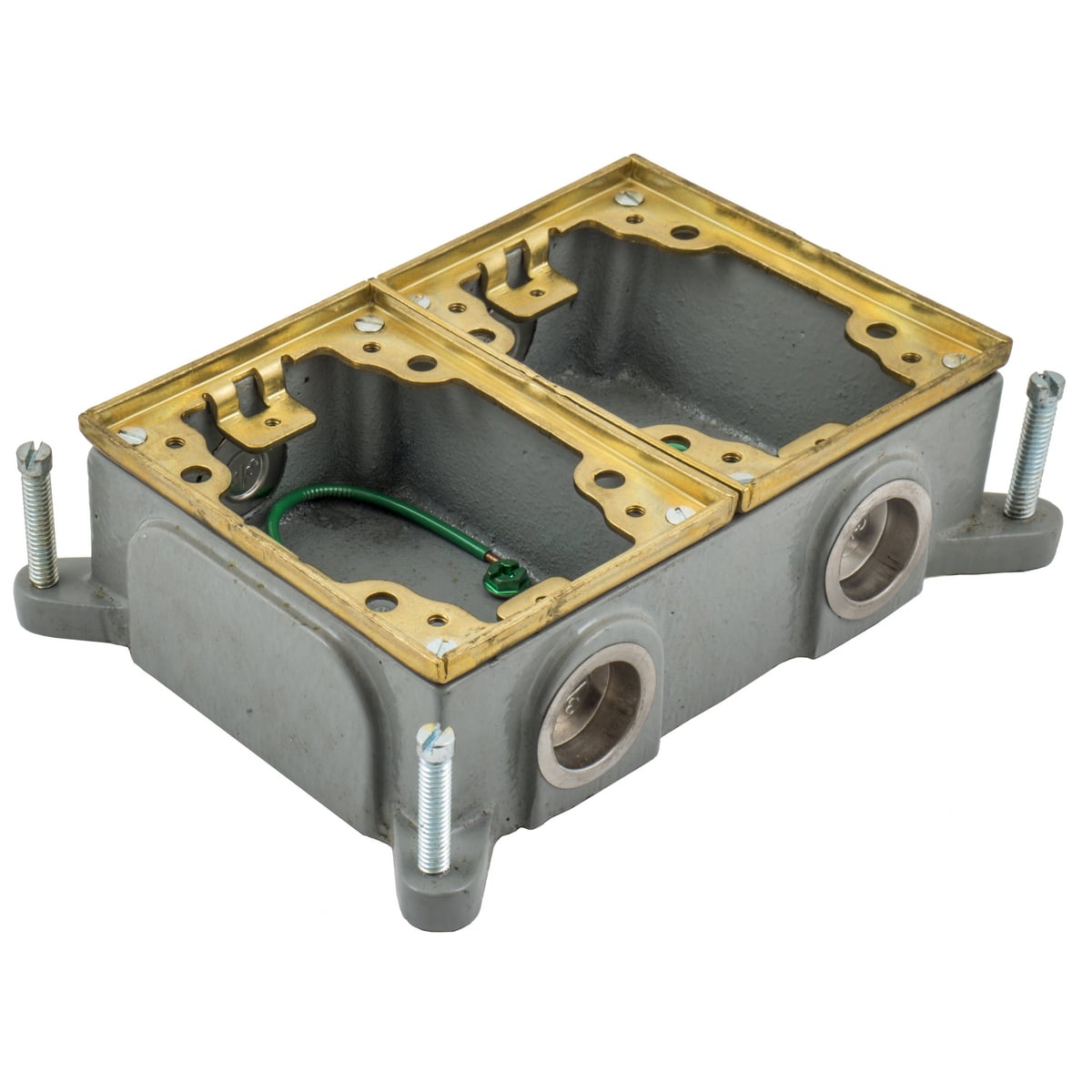 Flush Concrete Floor Box Series, 2-Gang, Rectangular, Cast Iron Box, Shallow, Semi Adjustable, Brass Top