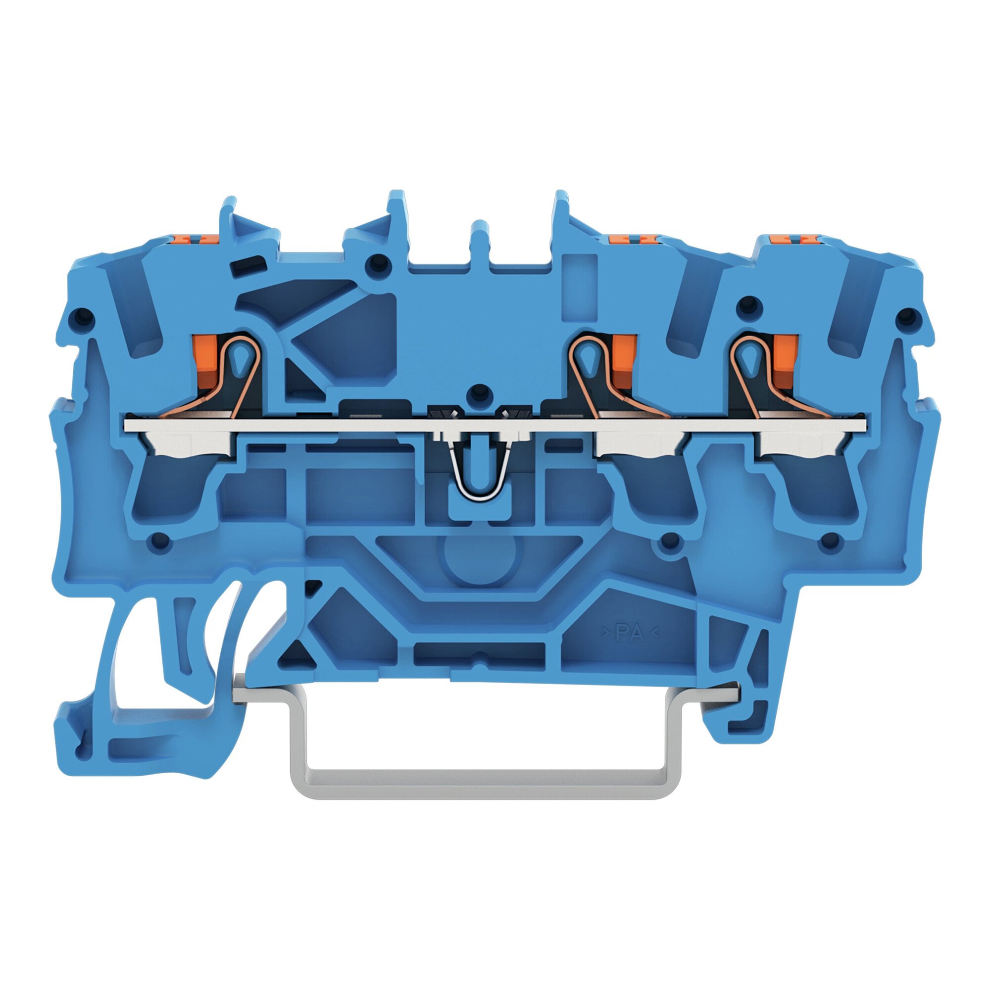 3-conductor through terminal block; with push-button; 2.5 mm; with test port; suitable for Ex i applications; side and center marking; for DIN-rail 35 x 15 and 35 x 7.5; Push-in CAGE CLAMP; 2,50 mm; blue