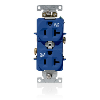 20 Amp, 125 Volt, NEMA 5-20R, 2P, 3W, Wide Body Duplex Receptacle, Straight Blade, Industrial Grade, Self Grounding, Weather-Resistant, Back & Side Wired, Nickel-Plated Brass Strap - BLUE