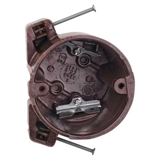 Round Ceiling/Fixture Nail-On Outlet Box, Volume 22.8 Inches, Diameter 3-1/2 Inches, Depth 3-1/4 Inches, Color Brown, Material Phenolic, Mounting Means Compound Angled Nails, with High Clamps