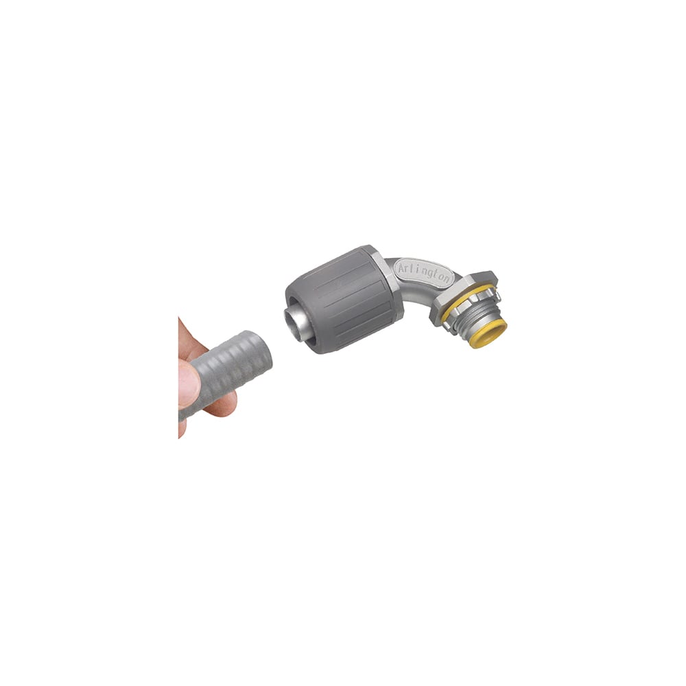 SNAP2IT zinc die-cast, push on, metallic, liquid tight connector. Trade Size 3/4". 90 degree. With Insulated throat.