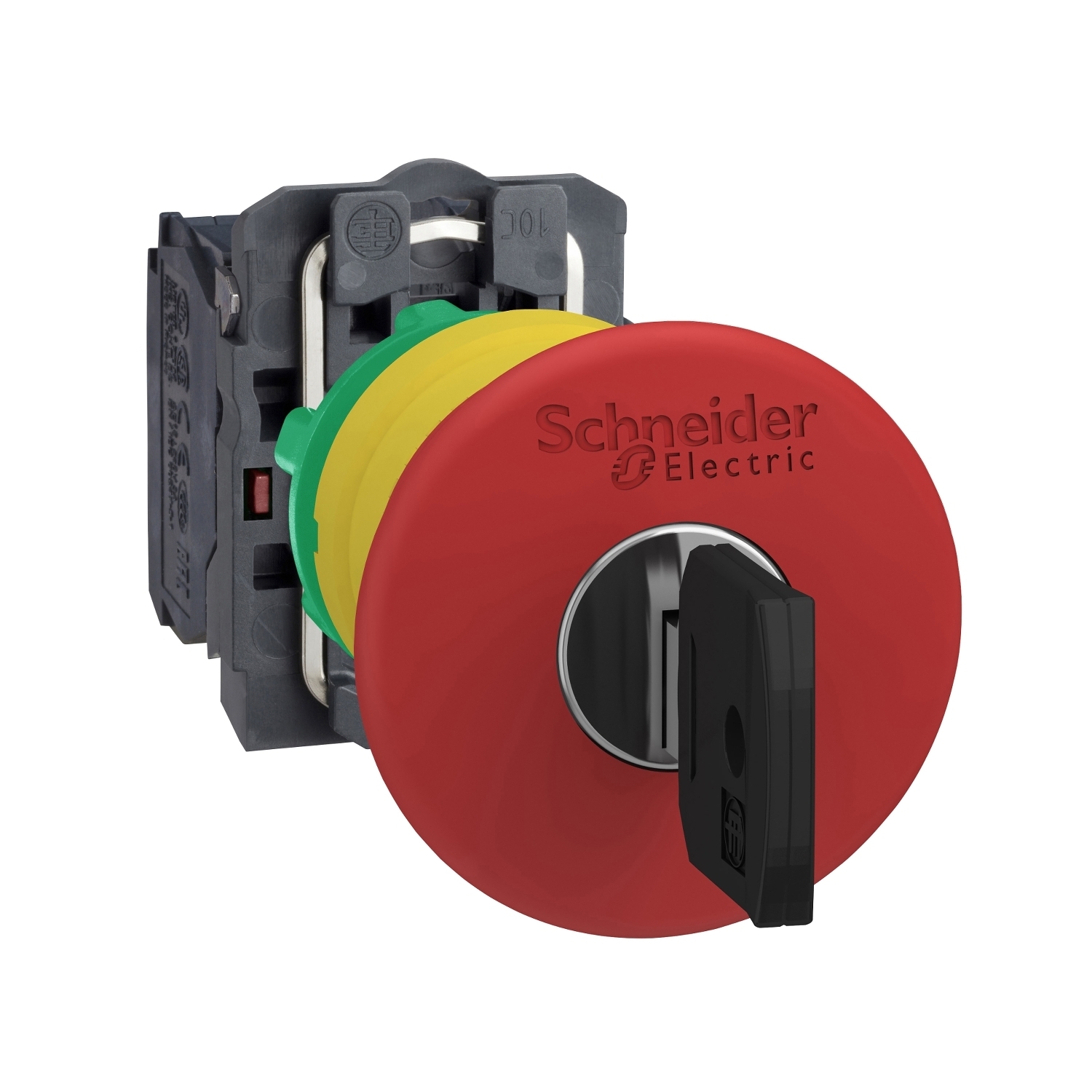 Emergency stop switching off, Harmony XB5, plastic, red mushroom 40mm, 22mm trigger latching key release, 1NC