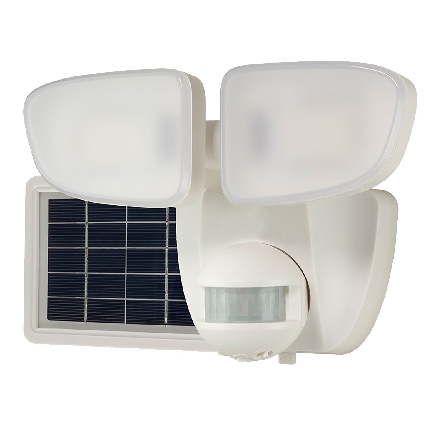 Solar Floodlight, 2000 Lumens (Nominal), Motion Flood, Twin Head Configuration, White Finish.