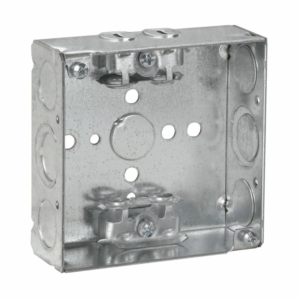 Eaton Crouse-Hinds series Square Outlet Box, (1) 1/2", 4", AC/MC clamps, Welded, 1-1/2", Steel, (4) 1/2", (2) 1/2", (1) 3/4" E, Includes ground screw with pigtail lead, 22.0 cubic inch capacity
