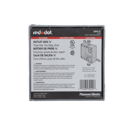Two Gang Universal Weatherproof Box, 31 Cubic Inches, Hub Size 3/4 Inch, Silver, Aluminum, 3 Outlets, Top, Bottom, and Back One Each, Pack of 10