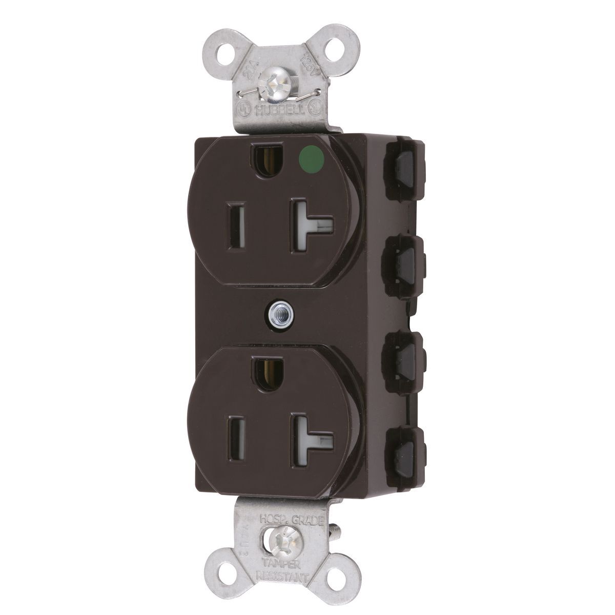Straight Blade Devices, Receptacles, Duplex, SNAPConnect, Hospital Grade, Tamper Resistant, 20A 125V, 2-Pole 3-Wire Grounding, 5-20R, Nylon, Brown, USA