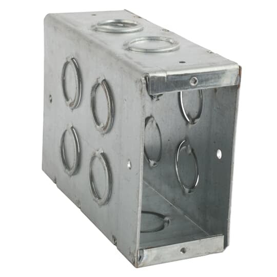 Thru-Wall Box for Concrete Block, 38 Cubic Inches, 3-11/16 Inches Height x 2-1/8 Inches Width x 5-1/2 Inches Deep, 1/2 Inch and 3/4 Inch Concentric Knockouts, Galvanized Steel, For use with Concrete Block